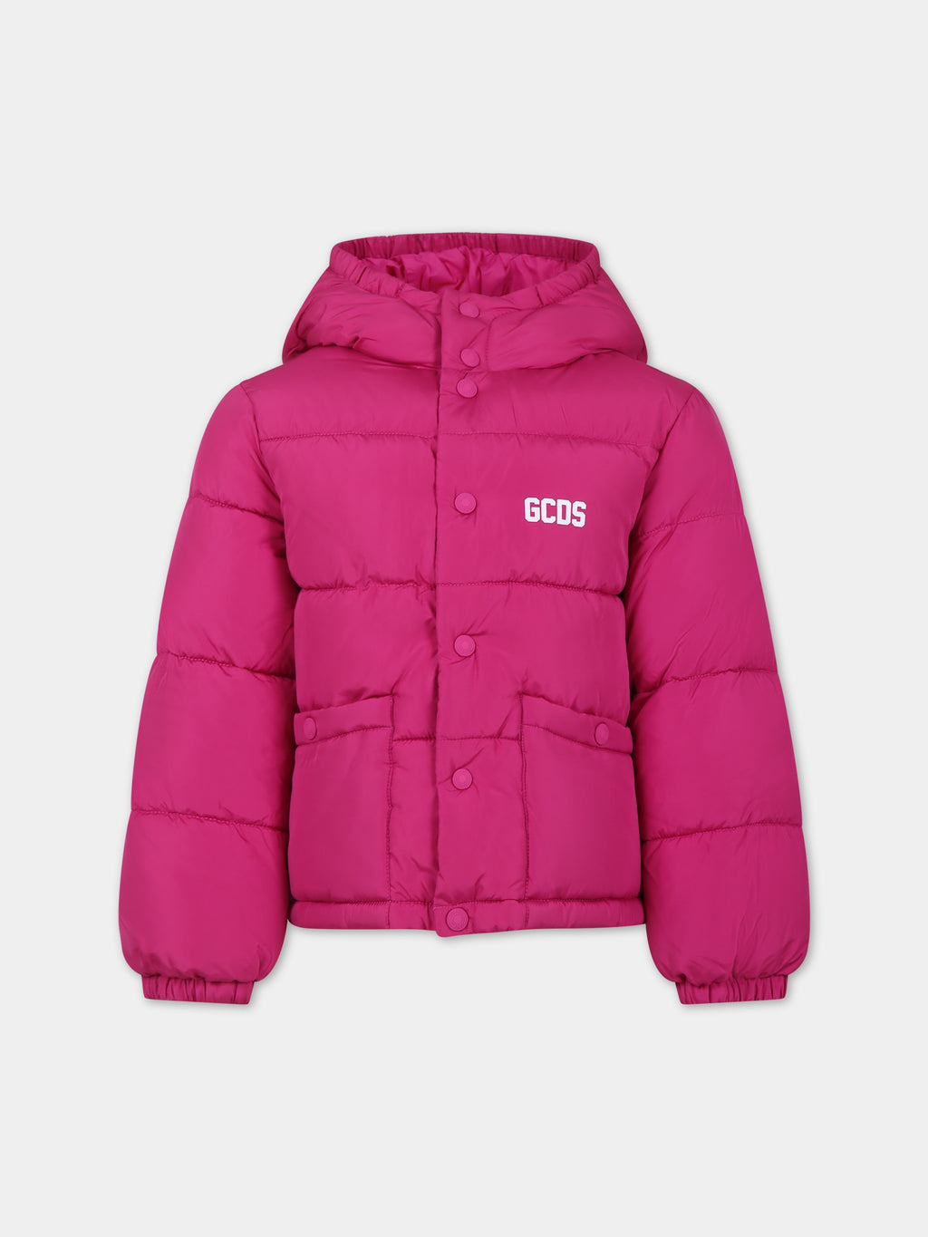 Fuchsia down jacket for girl with logo